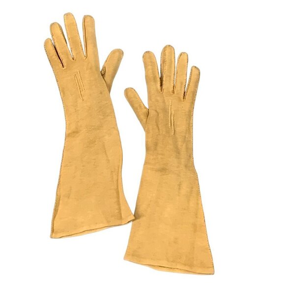 Vintage Mustard Suede Trapunto Stitching 13" Long Gloves Mustard #92L - Picture 2 of 5
